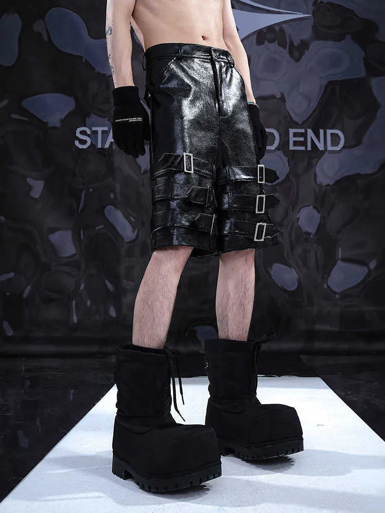 Men's black PU leather cropped shorts with medium low waist design
