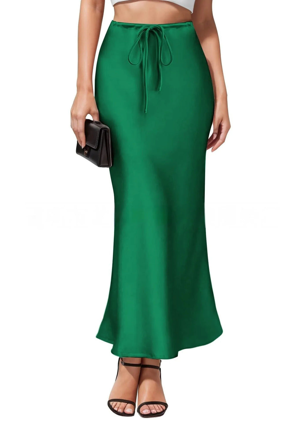 Women's high waist asymmetric acetate skirt with irregular stitching detail in black.