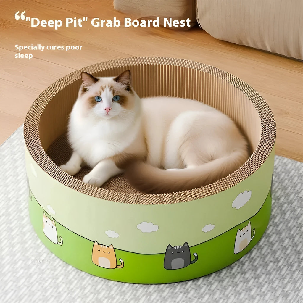 Large round deepening pit cat scratch board made of corrugated cardboard in 45cm and 50cm sizes.