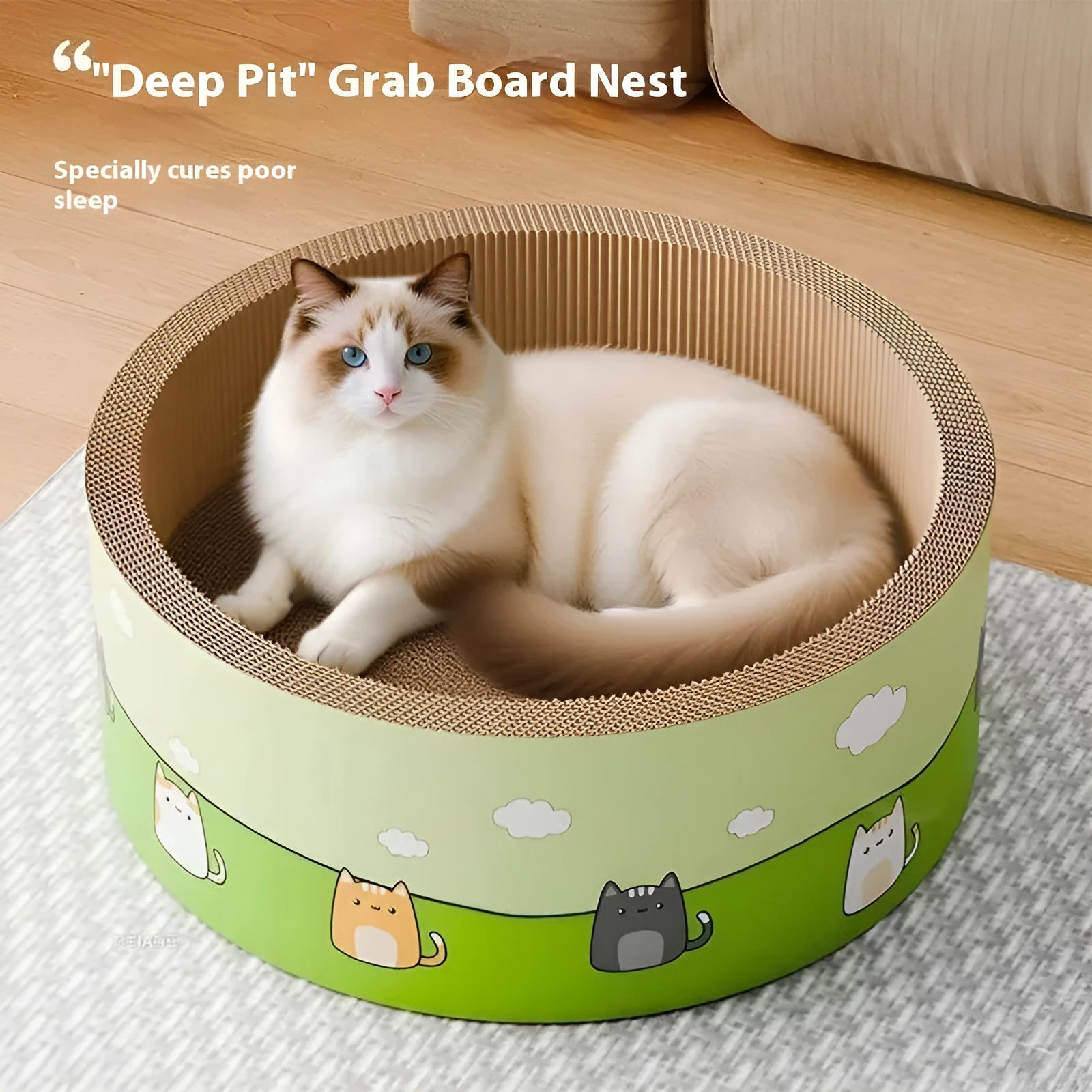 Large round deepening pit cat scratch board made of corrugated cardboard in 45cm and 50cm sizes.
