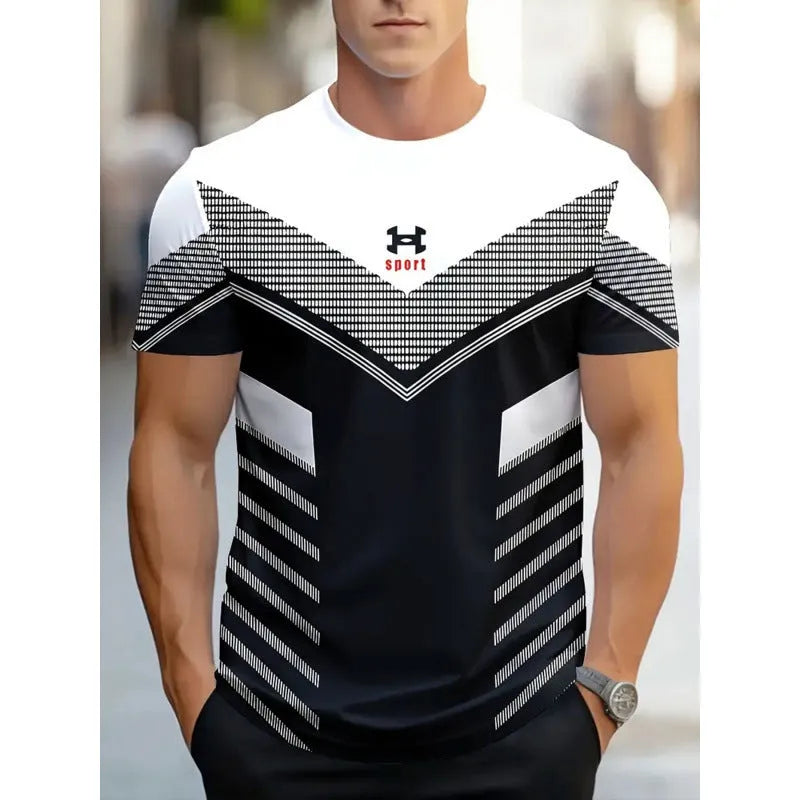 Men's loose fit short-sleeved T-shirt with digital 3D printed striped design in multiple colour options