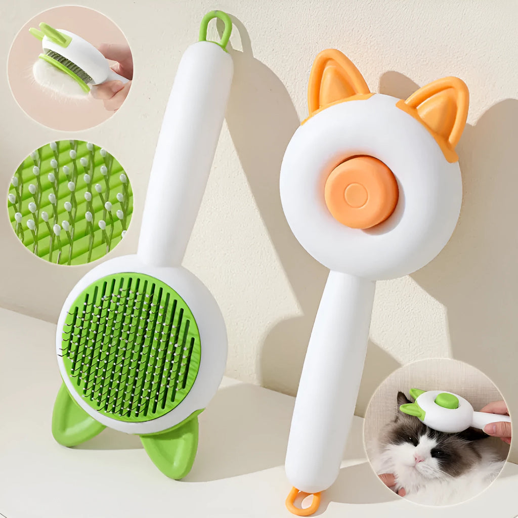 Self-cleaning pet grooming brush with stainless steel comb teeth in greenish white and orange white colour options
