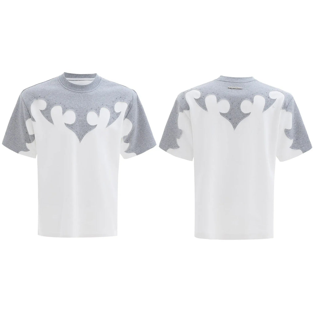Men's grey cotton T-shirt with 3D burnt flower stitching and rhinestone decoration on chest