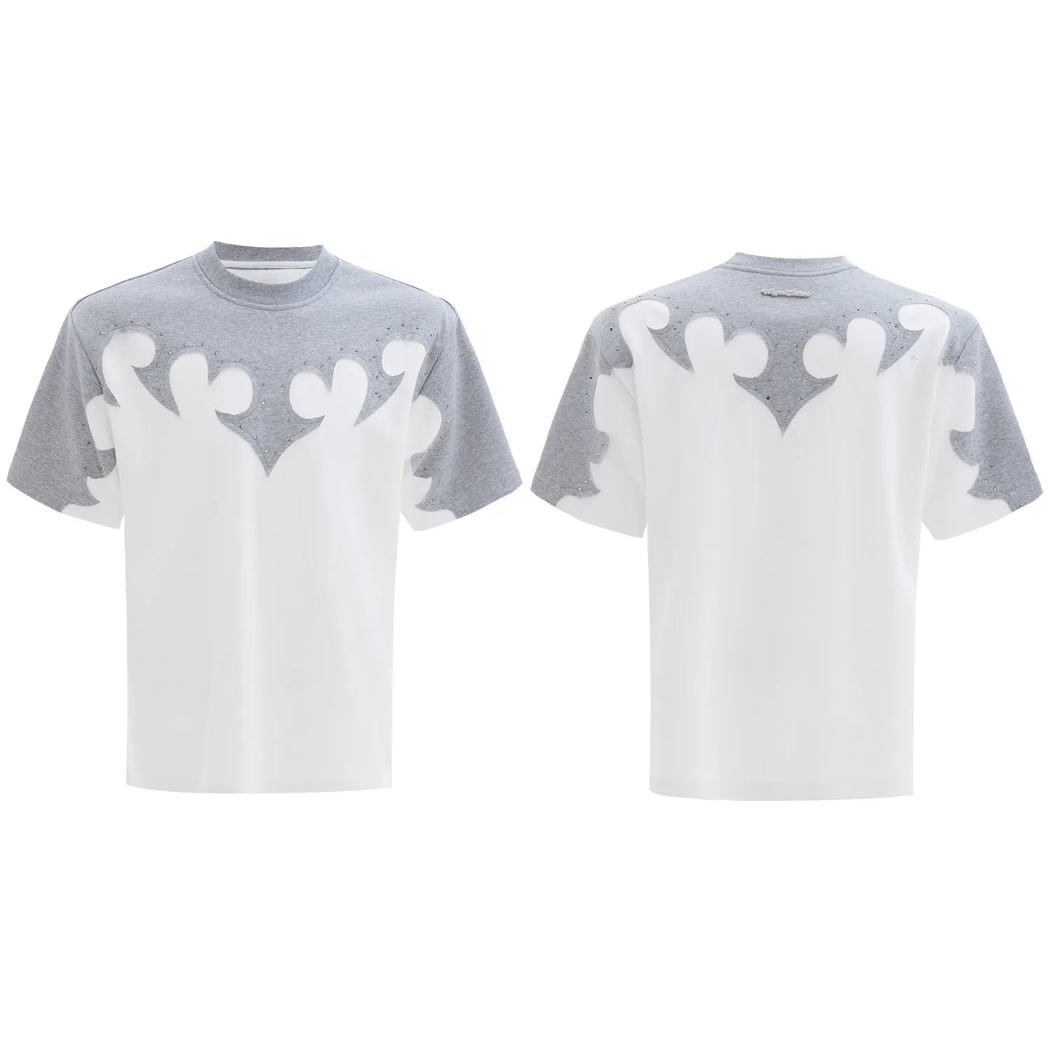Men's grey cotton T-shirt with 3D burnt flower stitching and rhinestone decoration on chest