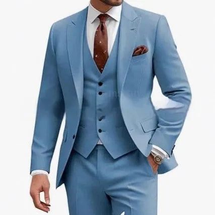 Men's slim fit three-piece suit in a choice of nine colours including bright red and khaki.