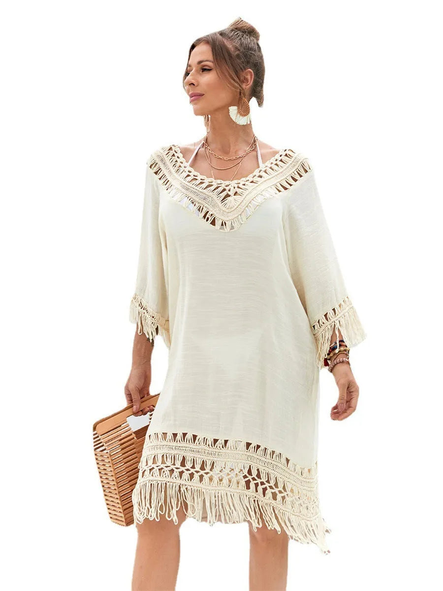 Women's apricot hand-crocheted beach dress with polyester lining for swimming and wading sports