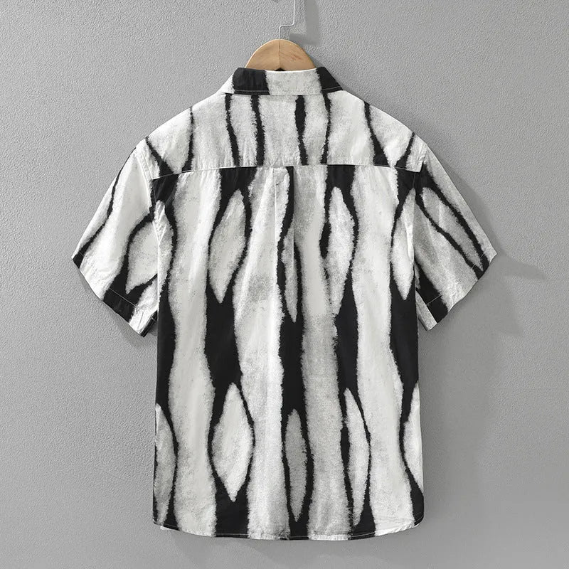 Retro striped printed short sleeve shirt in pure cotton with cardigan-style loose fit