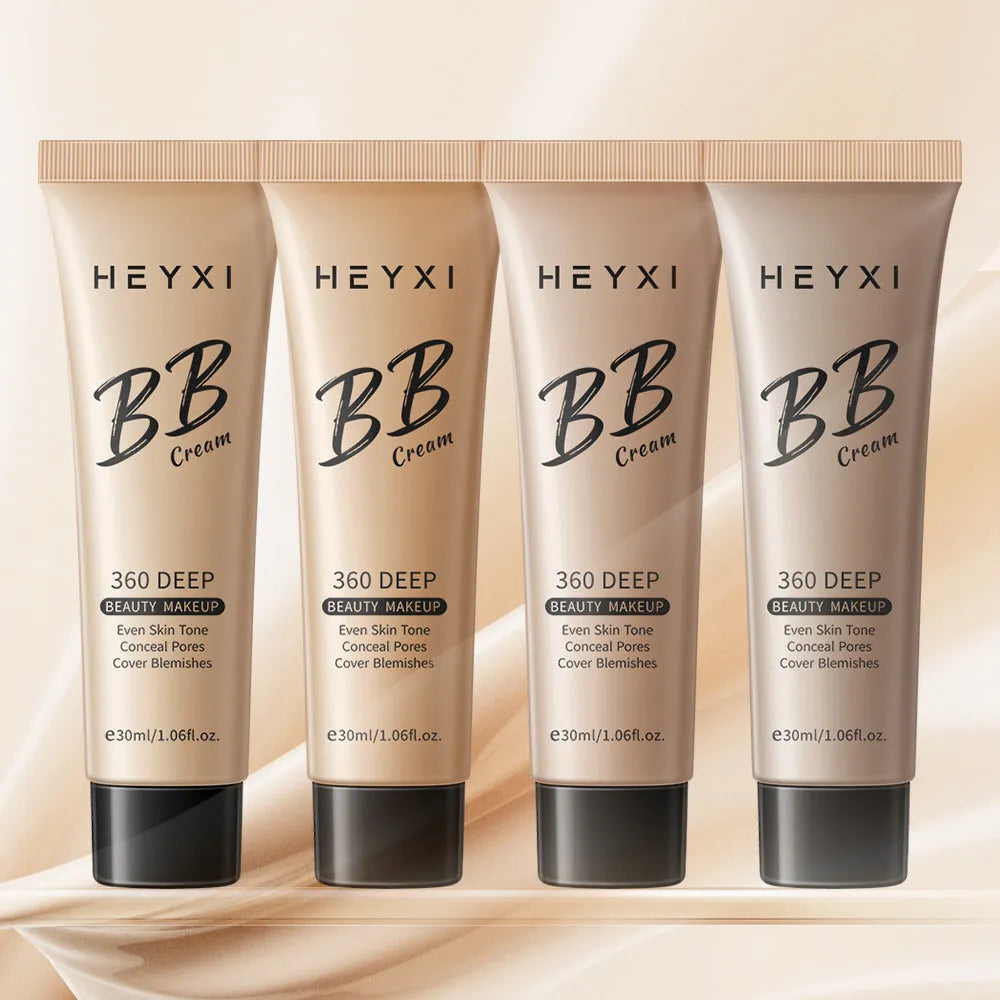 Waterproof BB cream bottle showing four colour shade options for universal skin types
