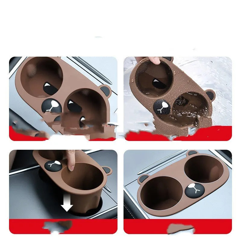 Flexible silicone car cup holder stabiliser insert in grey, tan, or pink colour.