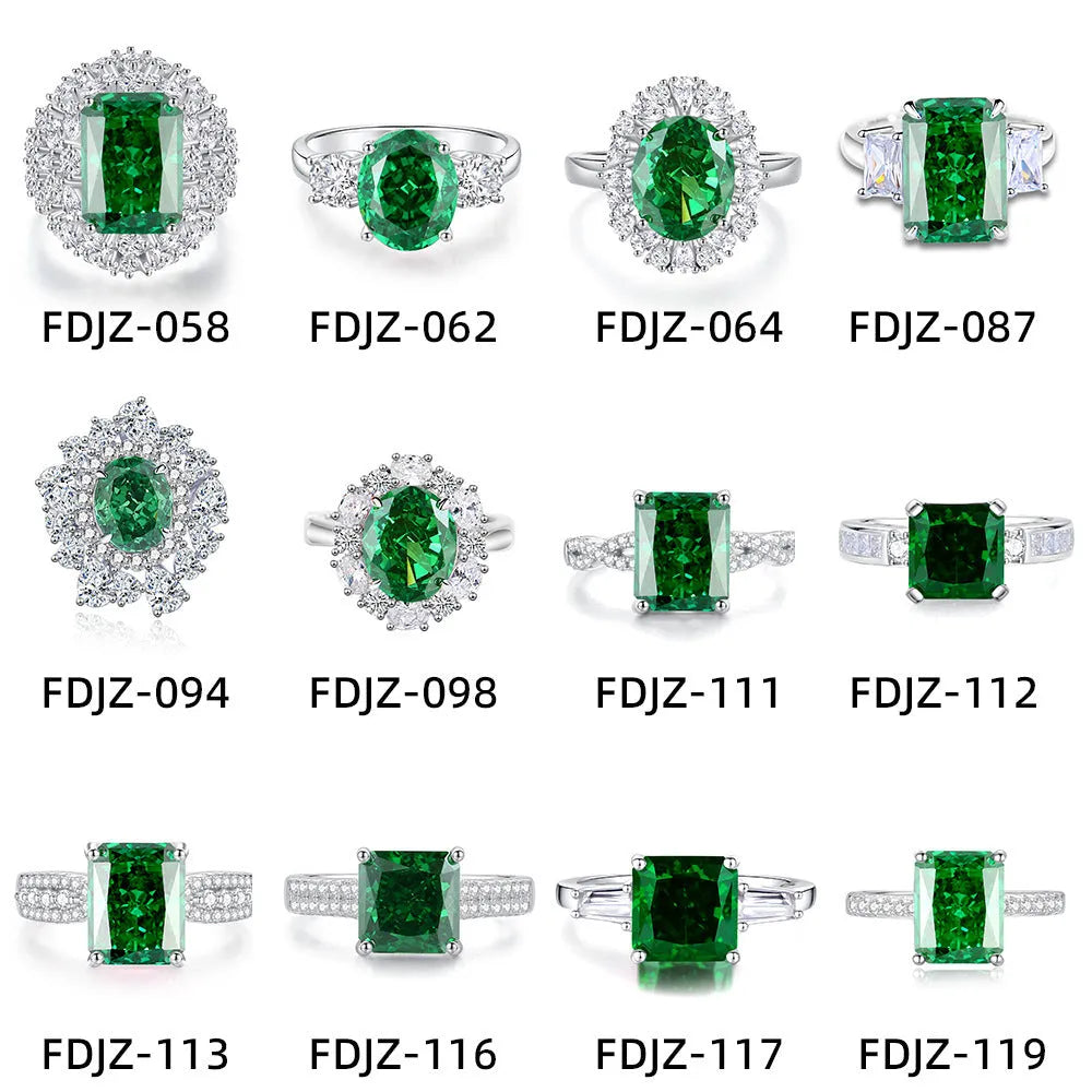 S925 sterling silver ring with an elliptical emerald and inlaid high-carbon diamonds on a geometric band.