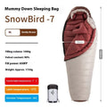 Mummy-style goose down sleeping bag with storage bag, shown in various size options