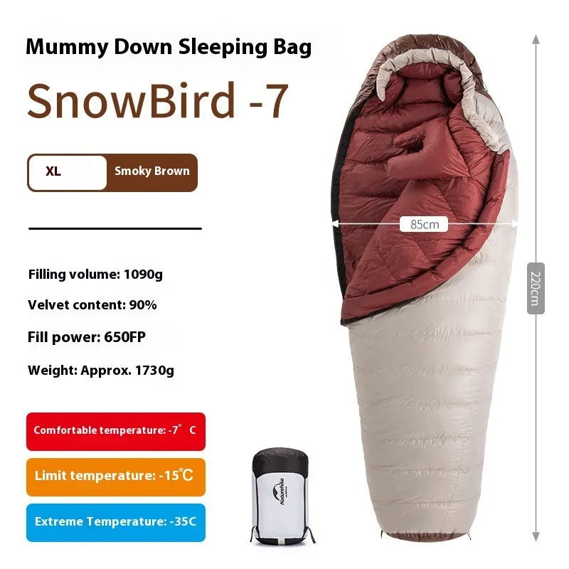 Mummy-style goose down sleeping bag with storage bag, shown in various size options