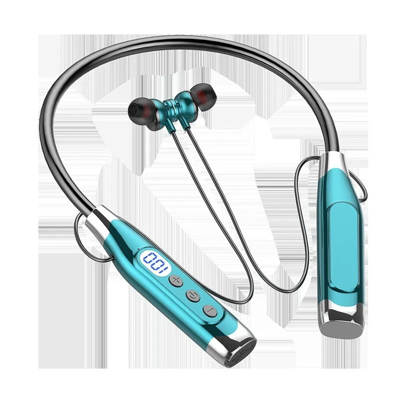Bluetooth headset in black bare metal finish with hanging neck silicone design and digital display