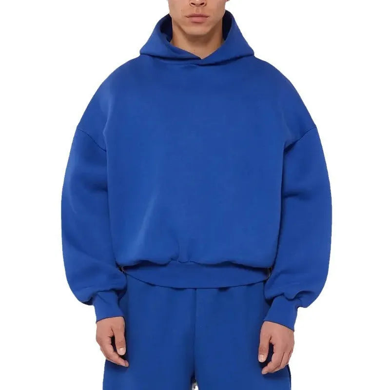 Men's grey fleece-lined cotton hoodie pullover with threaded long sleeves.