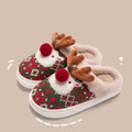 Cute Christmas elk plush slippers in red with colour block embroidery design