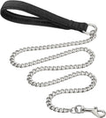 Heavy-duty black metal chain dog leash with a soft blue padded handle, shown attached to a dog collar.