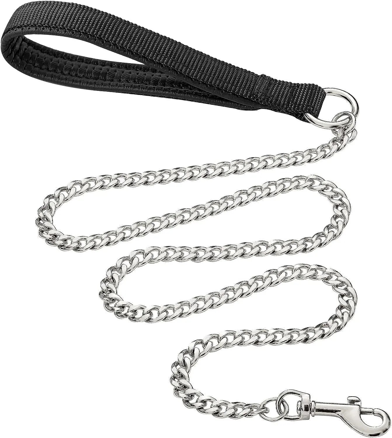 Heavy-duty black metal chain dog leash with a soft blue padded handle, shown attached to a dog collar.