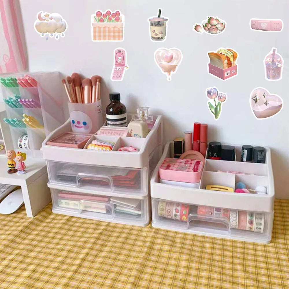 63 piece set of pink 3D girl heart decorative stickers in cute style on a sheet.