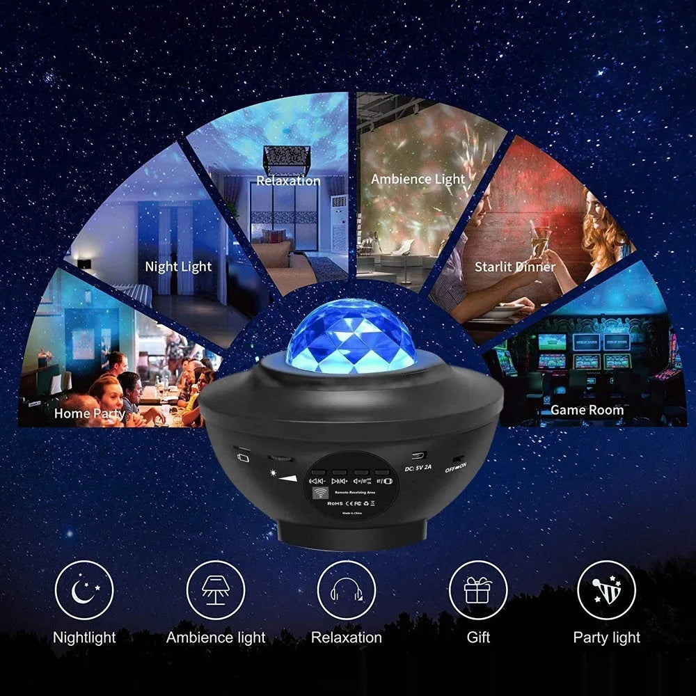 Black desktop projection lamp showing starry sky patterns with water ripple laser effects