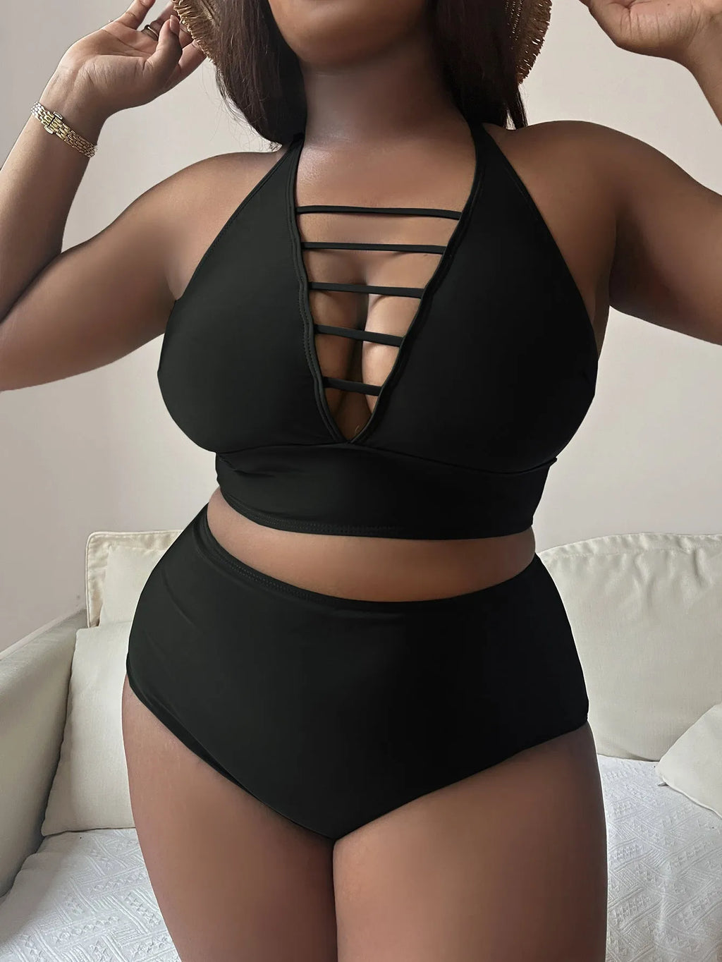 Plus size halter bikini set with adjustable straps and high waist briefs in solid colour