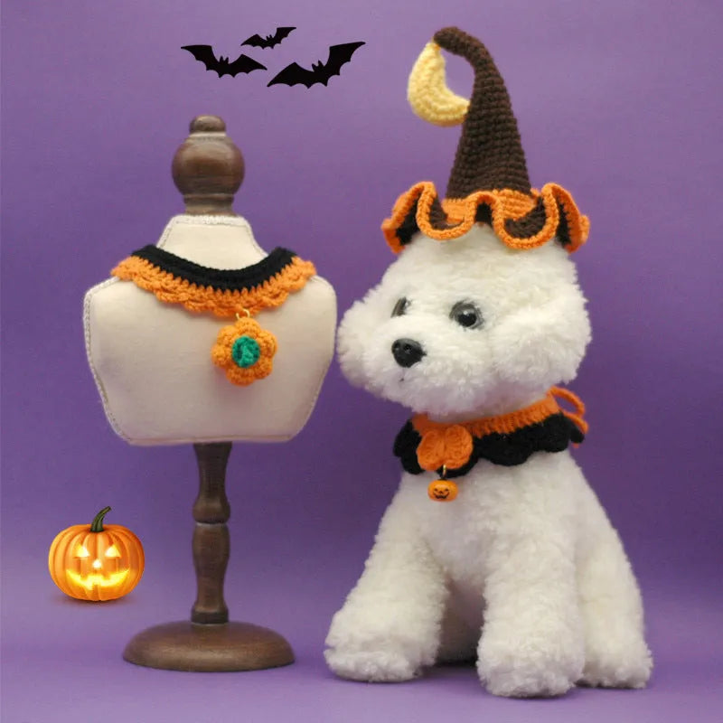 Hand crocheted wool Halloween pet collar with pumpkin design and bell in adjustable sizes for cats and dogs