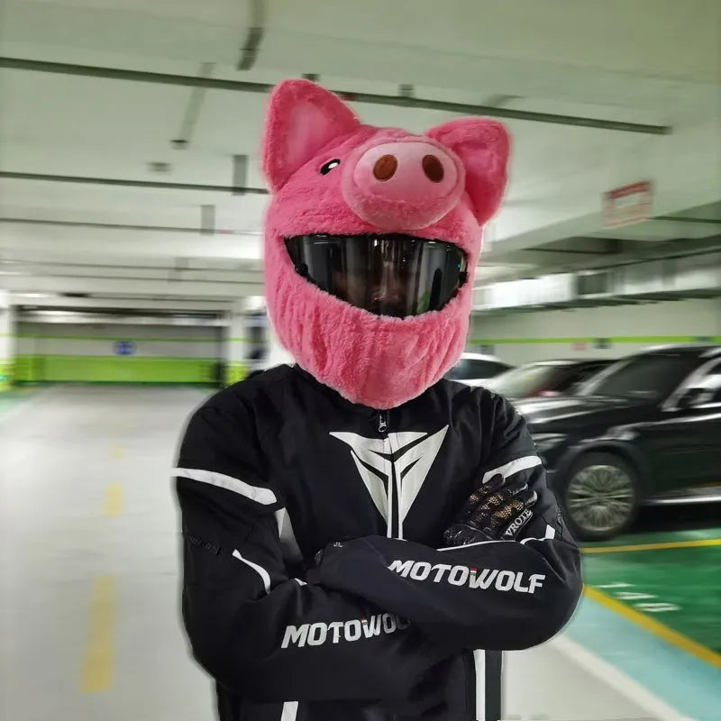 Pink pig cartoon design motorcycle helmet protective hood made from plush PV velvet cloth