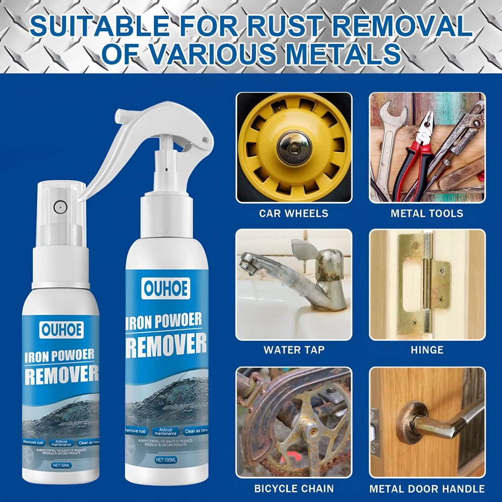 Blue car rust remover spray bottle with a choice of sponge or towel applicator.