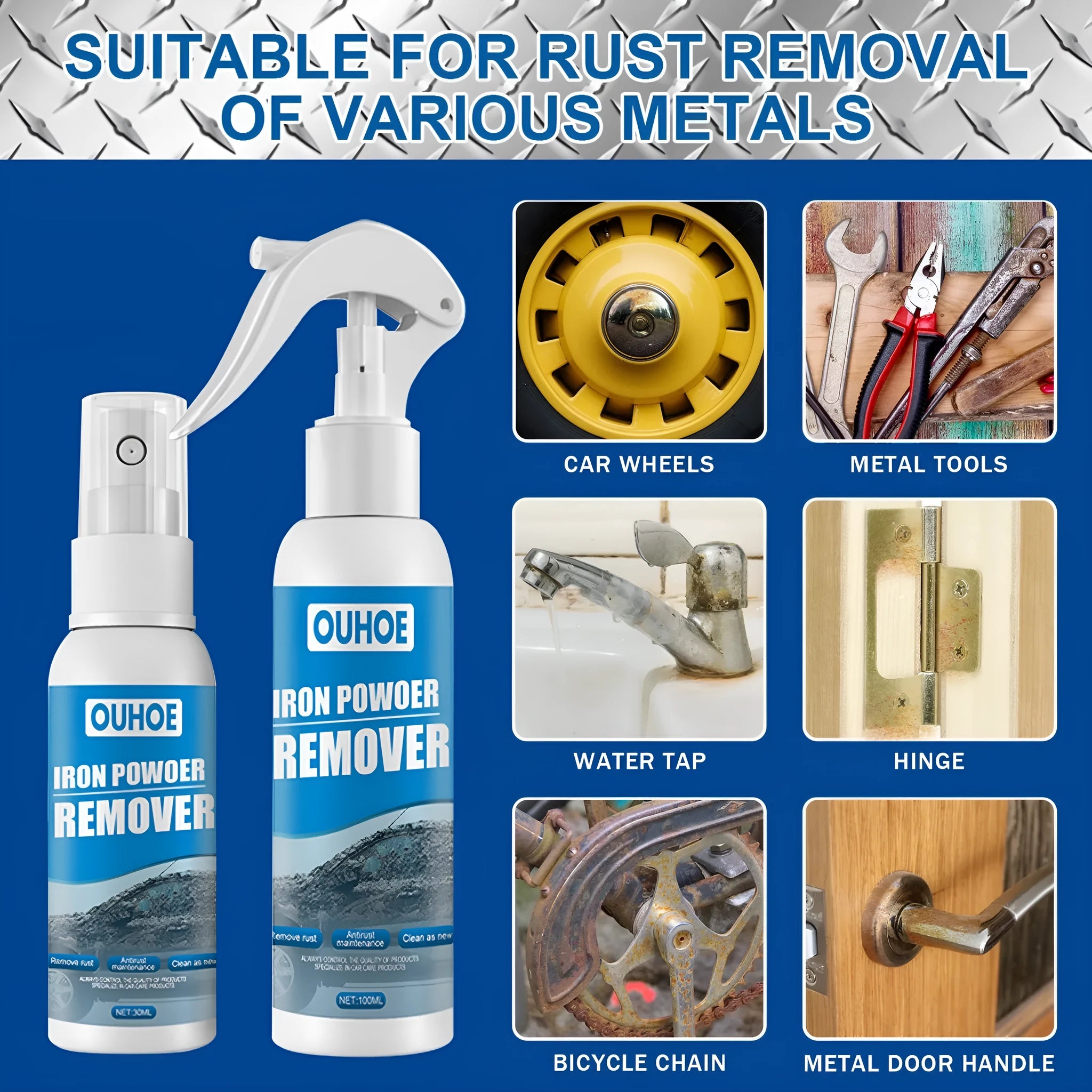 Blue car rust remover spray bottle with a choice of sponge or towel applicator.