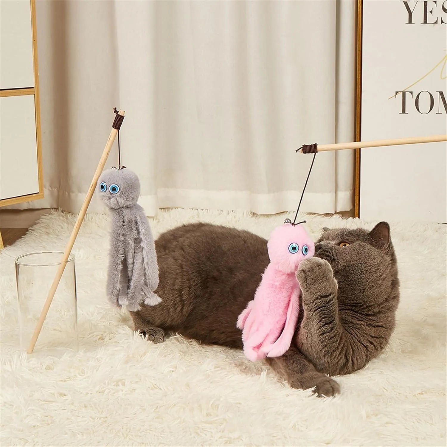 Octopus cat toy on 40cm stick in four colours for indoor feline play