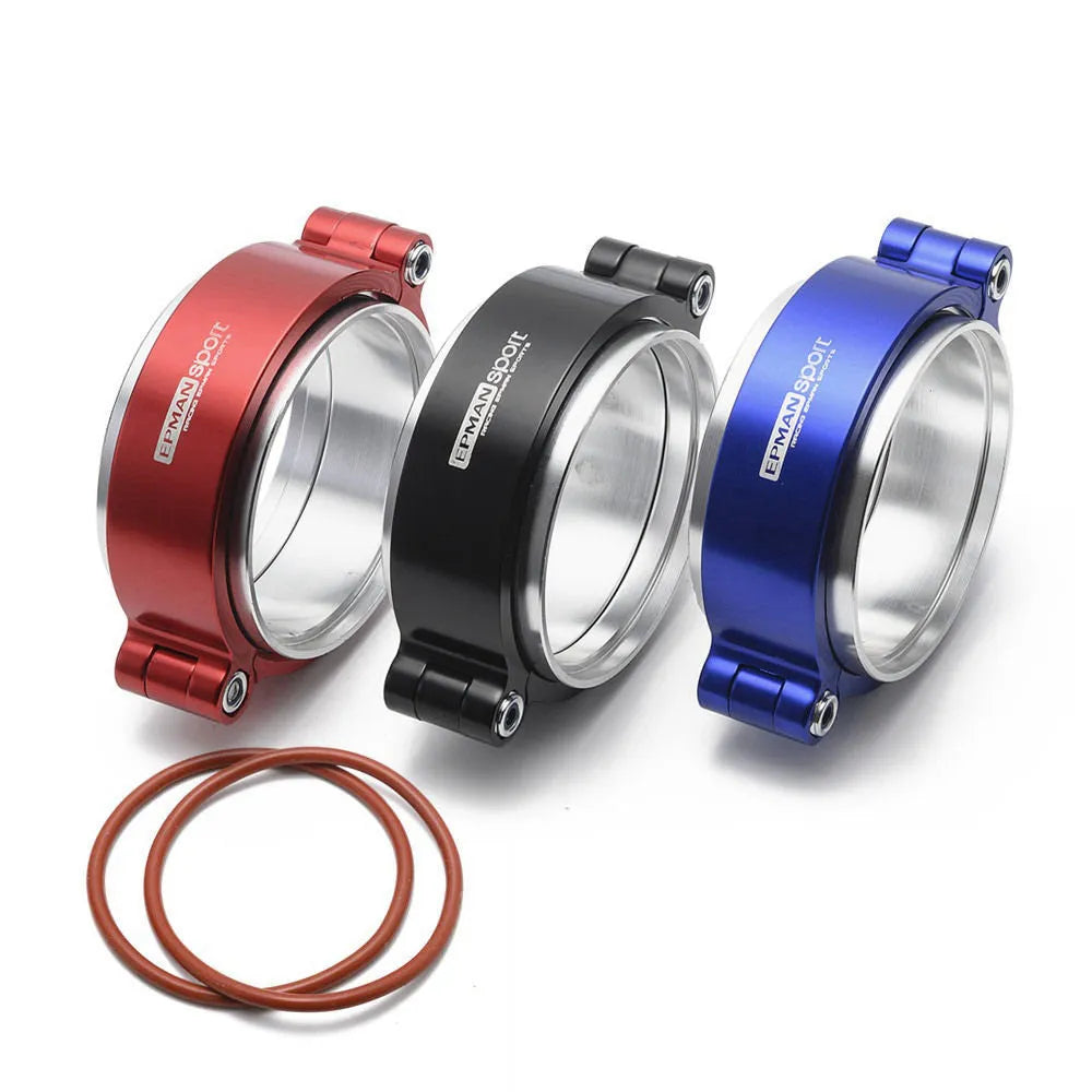 Aluminium fixed movement clamp for turbo exhaust downpipes in black blue red colours