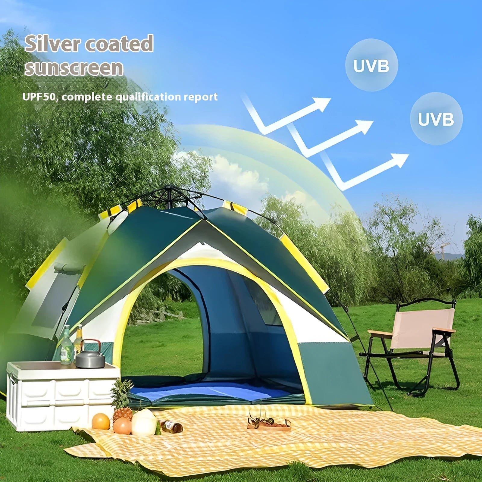 Dark green silver glue automatic quick-open camping tent for 3-4 people, set up outdoors.