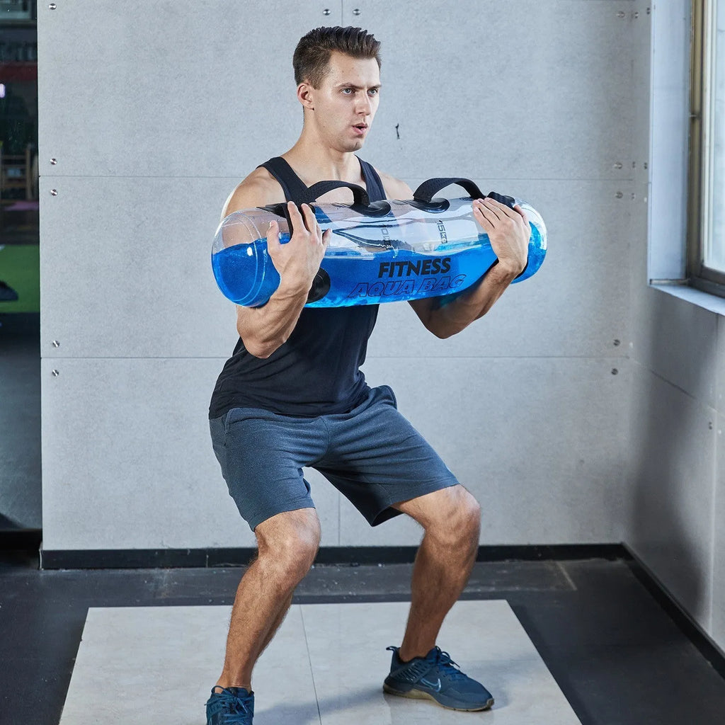 Transparent PVC water dumbbell training bag showing adjustable weight water injection system