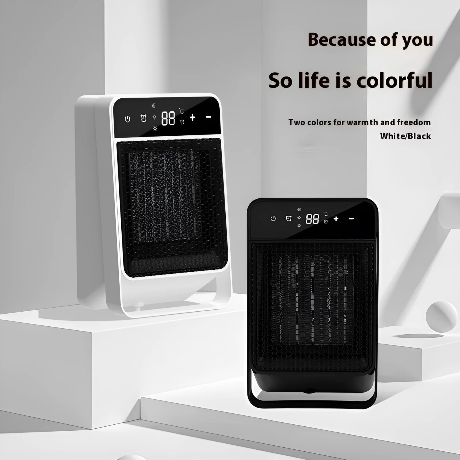 Desktop touch screen electric heater with digital display and remote control in black or white