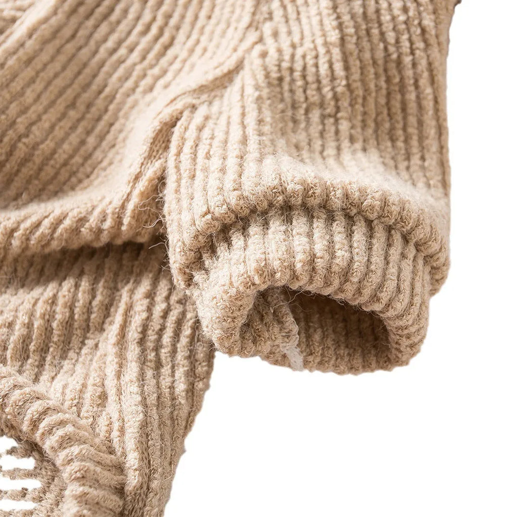 Brown cloth dog sweater pullover for small breeds on size chart showing XS to XL