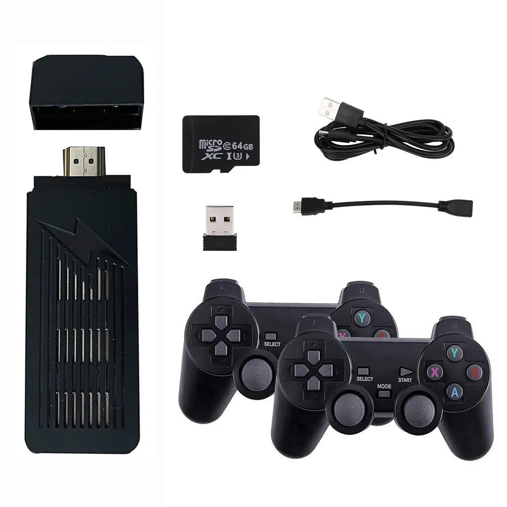 New X9 HD home game console with retro style, two black controllers, and HDMI cable on a desk