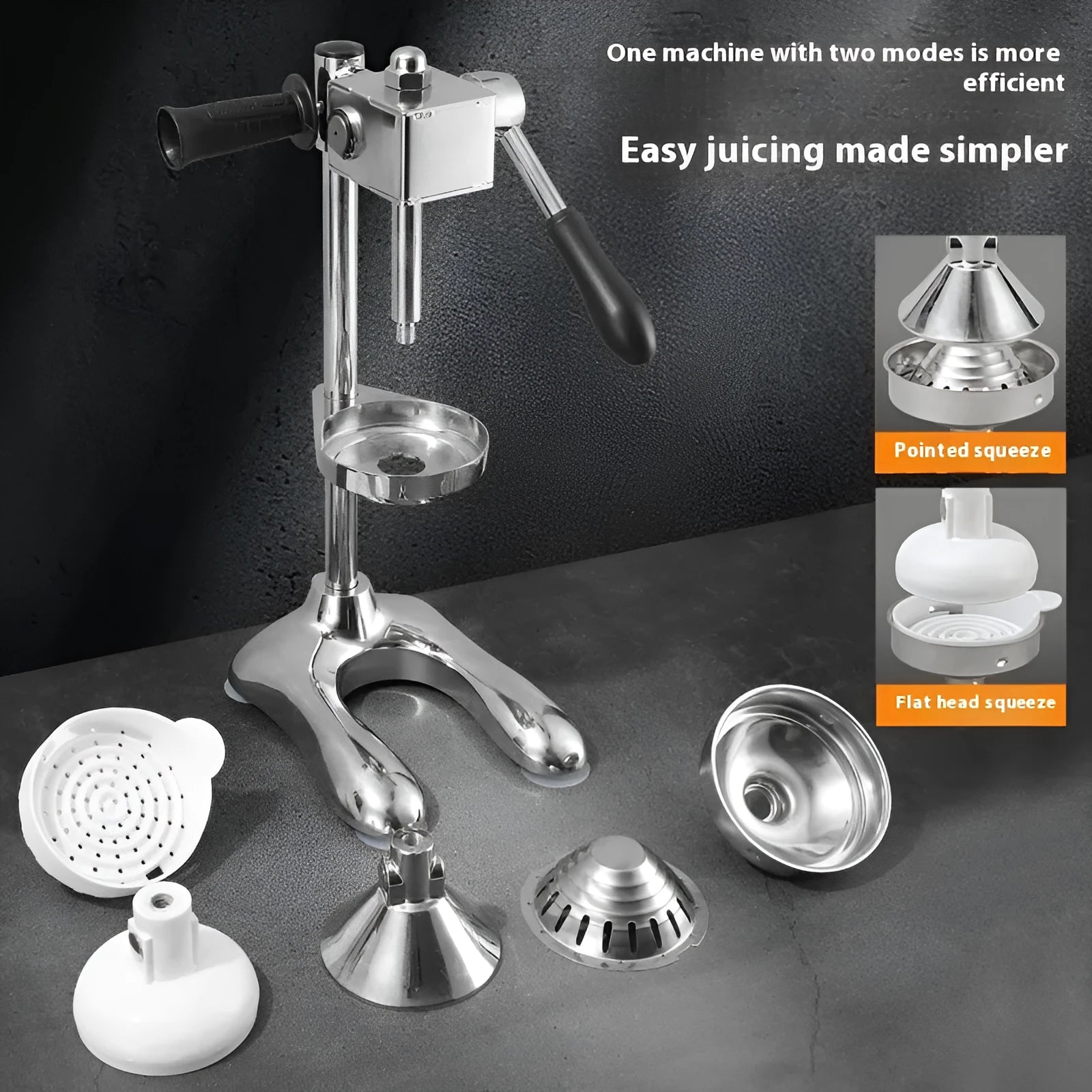 Vertical stainless steel manual kitchen juicer with multiple colour and head style options