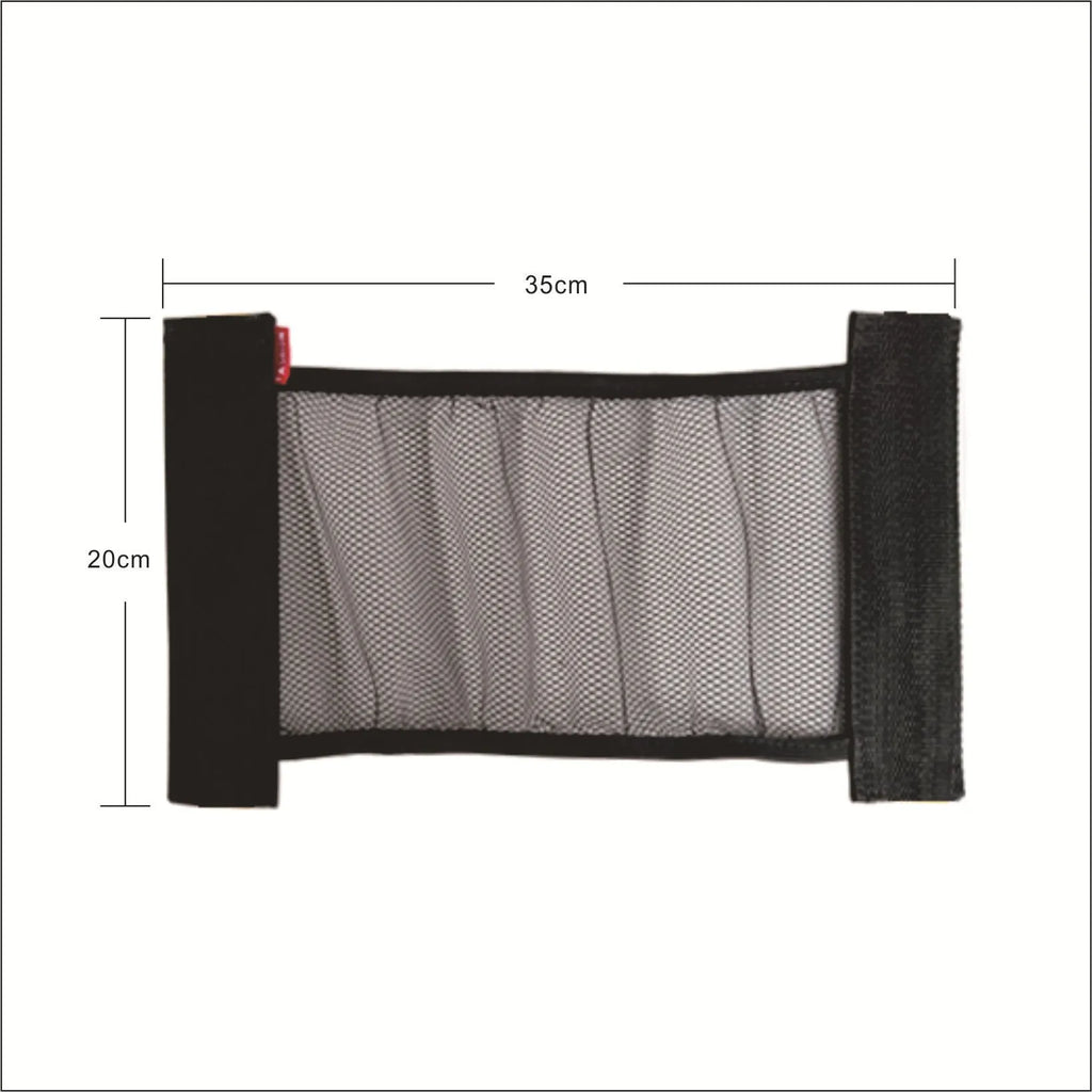 Elastic polyester car boot storage net shown with metal hooks and adhesive strips for organising loose items.