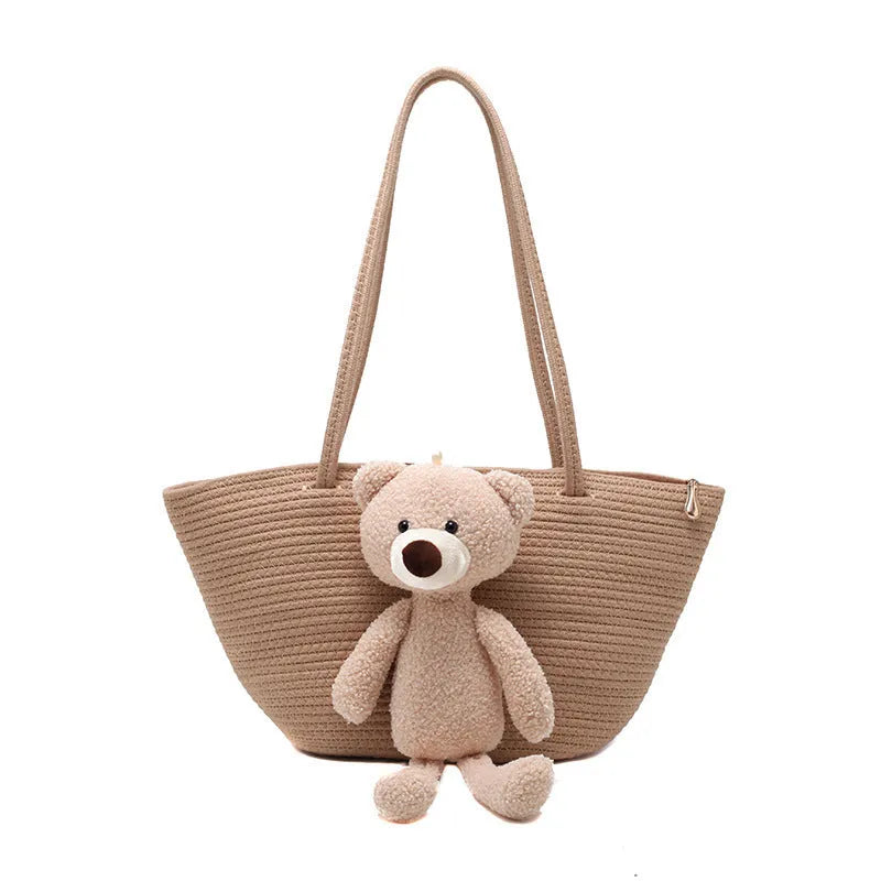 Woven cotton linen dumpling-shaped bag with three-dimensional pocket and double shoulder straps