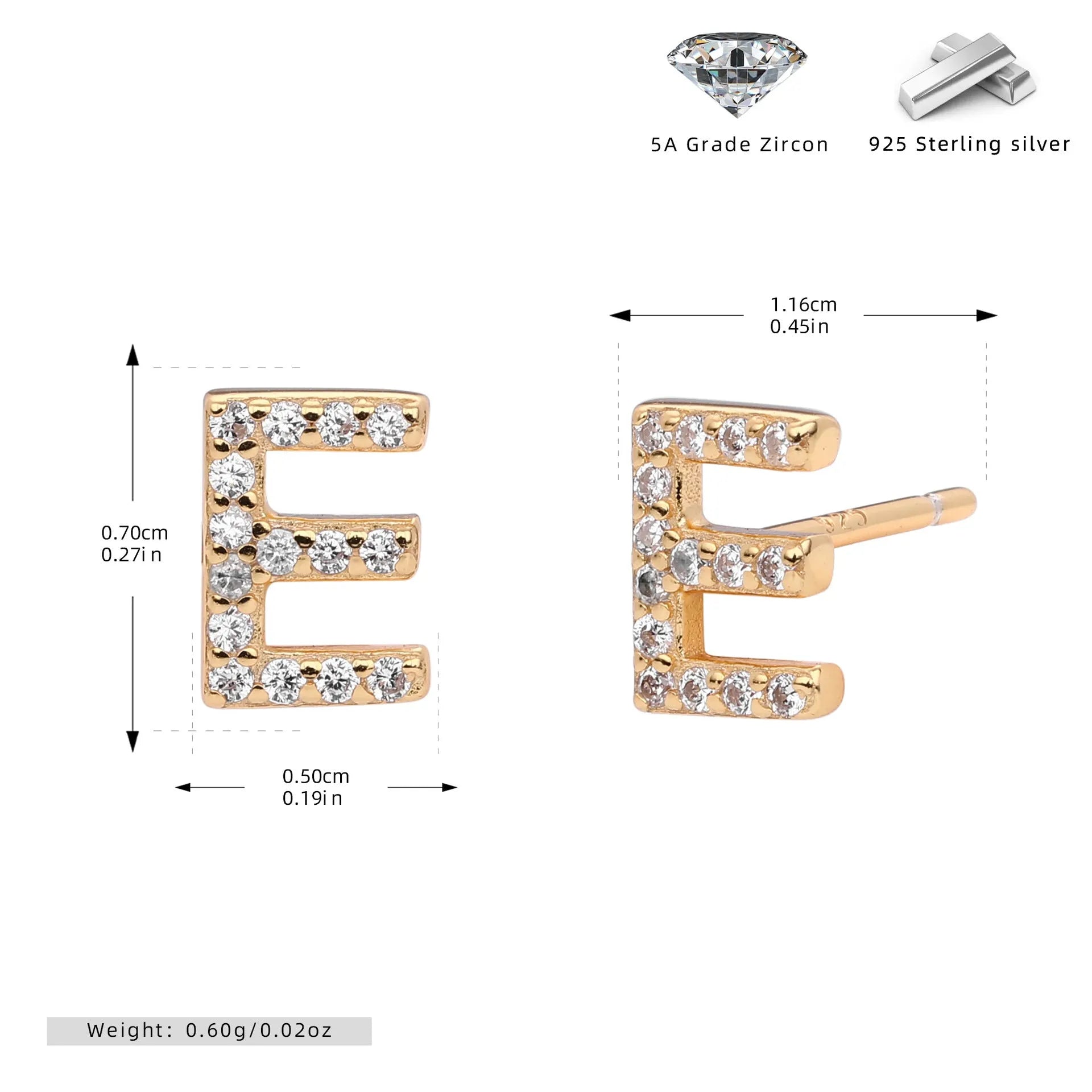 925 silver letter ear stud with electroplated gold finish, alphabet motif