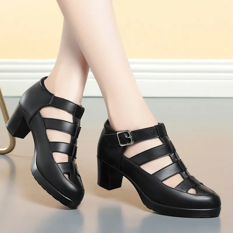 Women's beige closed toe sandals with chunky heel, woven hollowed design, and ankle-strap buckle