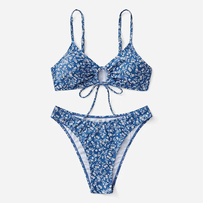 Blue polyester swimsuit three-piece set without steel ring, showing top and shorts