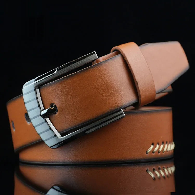 Men's retro styling pin buckle belt in black, brown, and white colour options showing pattern detailing