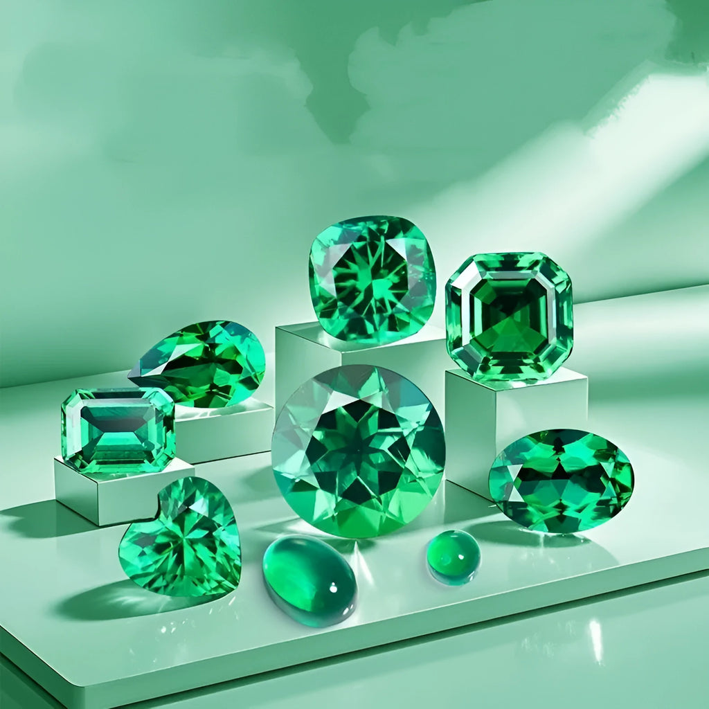 Columbia green cultivated emerald gemstones showing various cuts including round, heart, and princess shapes