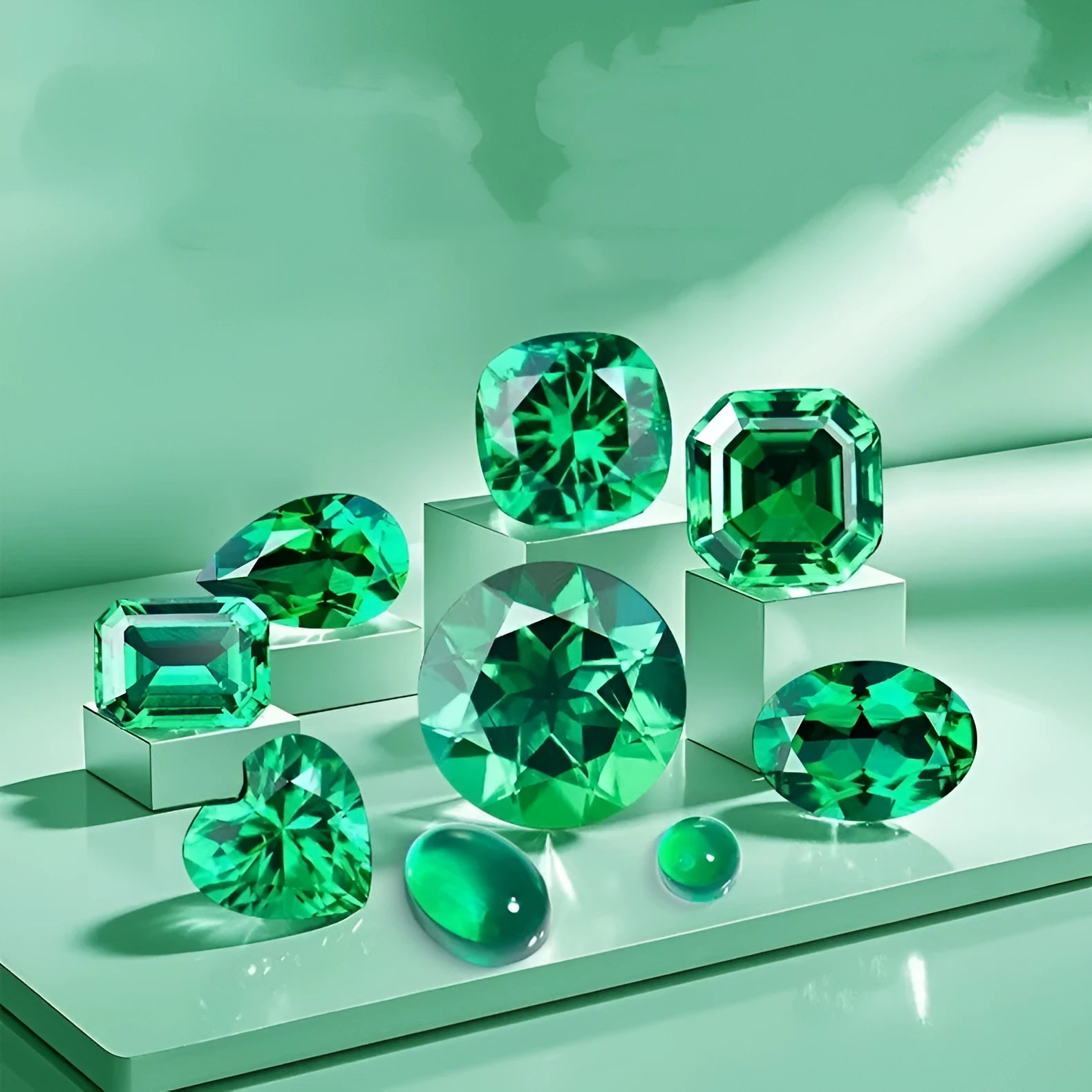 Columbia green cultivated emerald gemstones showing various cuts including round, heart, and princess shapes