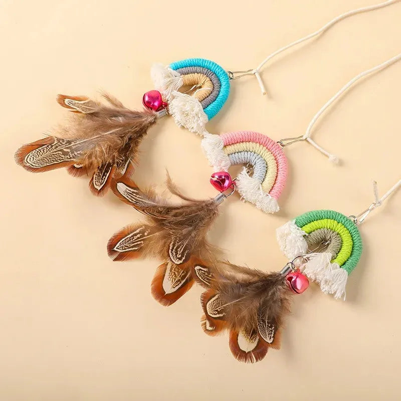 Feather cat rope door hanging toy with elastic swing and sticky buckle clamp in rainbow colours