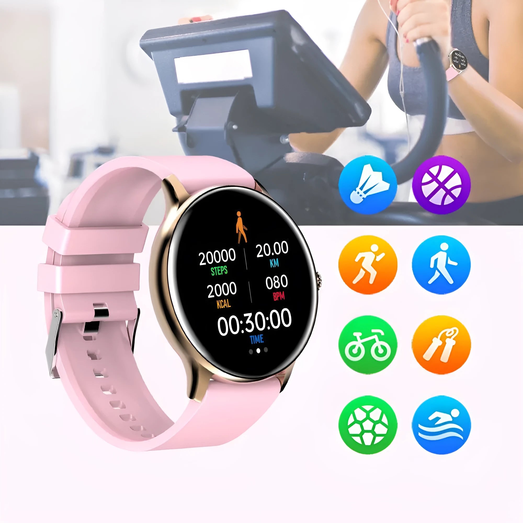 Black smart watch with blood pressure monitoring on a wrist, showing a 1.28-inch colour touchscreen display