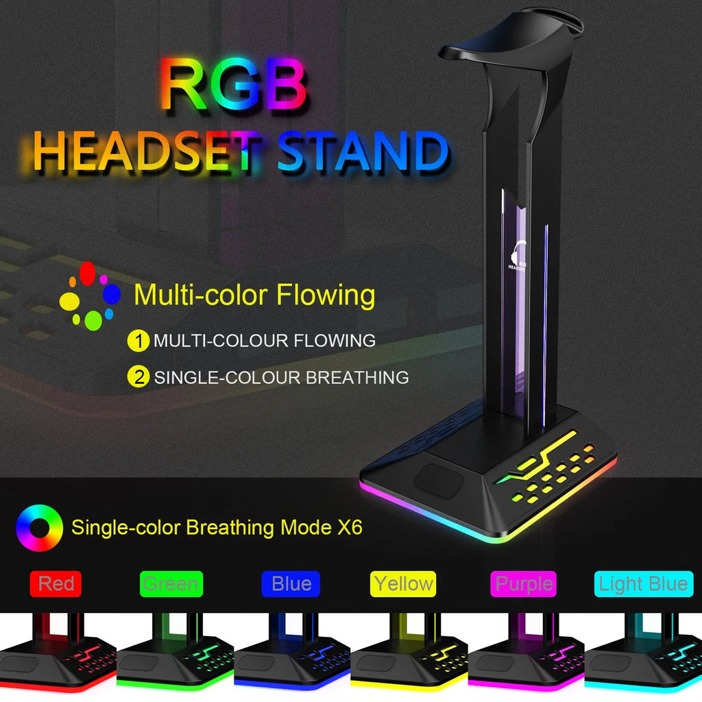 RGB headphone display stand with dual USB ports in black acrylic on a desk