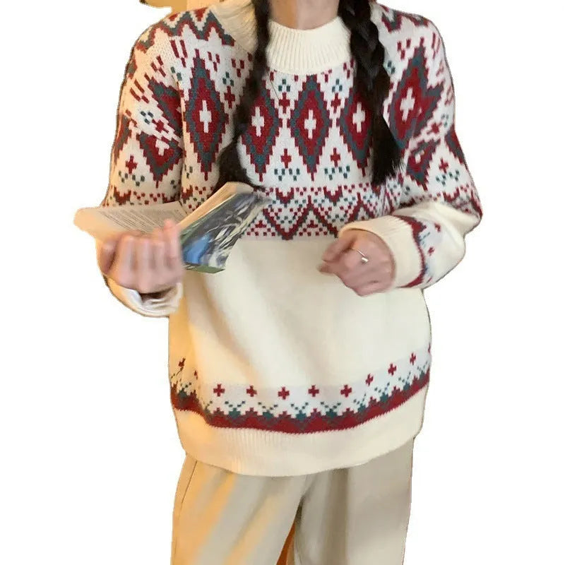Loose retro pullover knitted top with stripe pattern and long sleeves