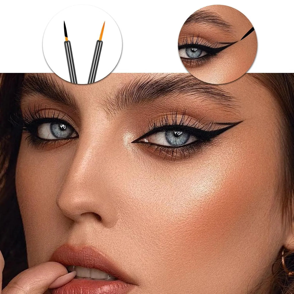 Pack of 100 black disposable eyeliner brushes with fine points and plastic sleeves.