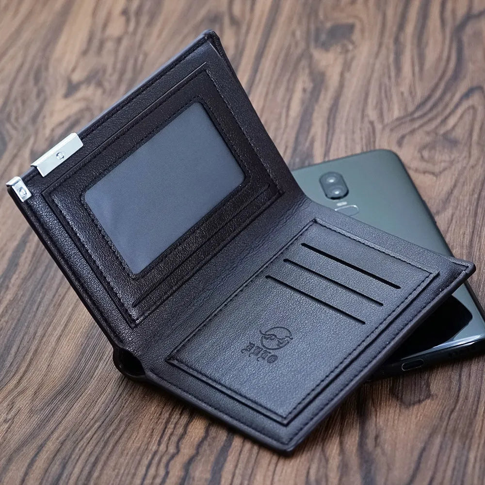 Men's leather wallet with zipper closure, individually packaged for gifting.